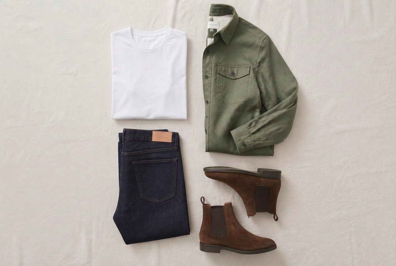 Flat lay of a men's outfit: oatmeal jumper, sage overshirt, indigo jeans and brown suede Chelsea boots